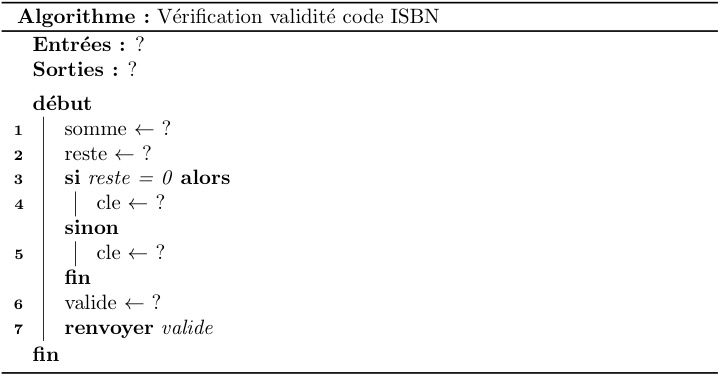 Algorithme de vérification de la validité d'un code ISBN