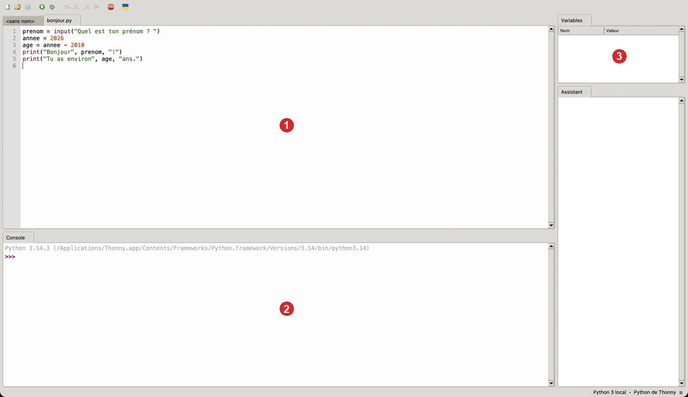 L'interface de Thonny : 1. l'éditeur, 2. la console, 3. les variables