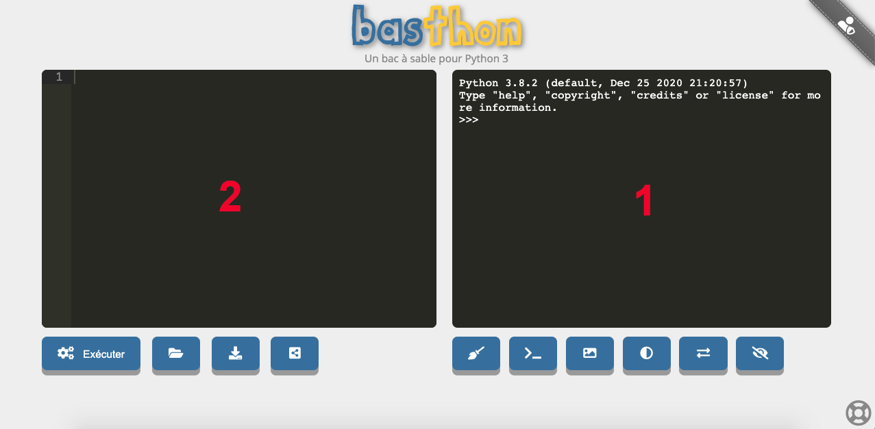 L'interface de Basthon : 1. la console, 2. l'éditeur