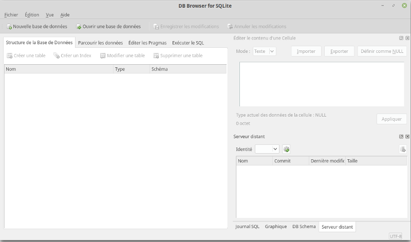 Écran d'accueil de DB Browser for SQLite