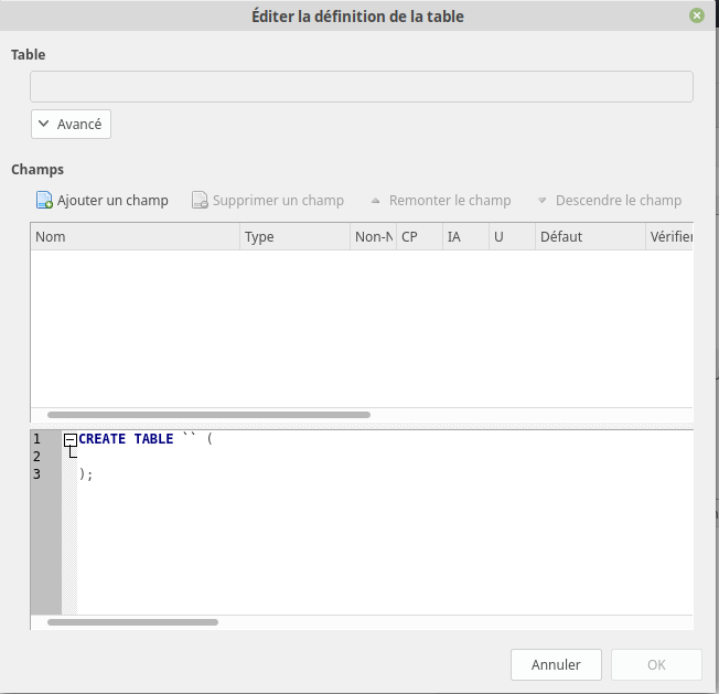 Fenêtre de création de la base de données